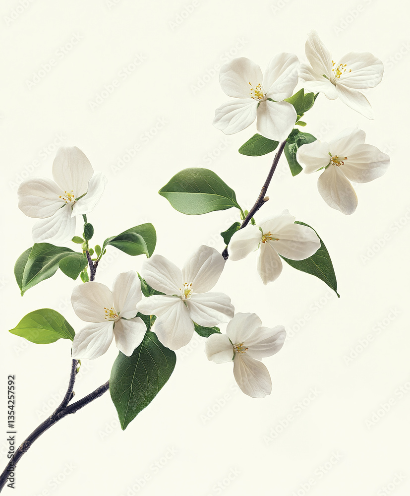 Obraz premium White flowers and green leaves on branch, isolated on white