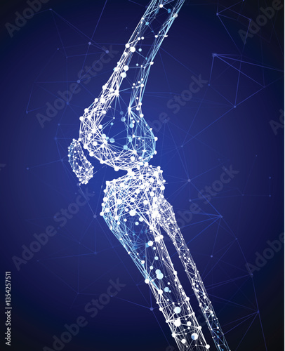 Illustration of a knee bone in a modern style using geometric shapes connected to form a knee bone on a dark blue background. Used in medicine, education, science, advertising, commerce and industry.