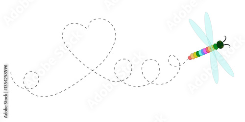 Dragonfly in flight, flying along the trajectory of love. Heart-shaped flight. Colorful rainbow dragonfly of love