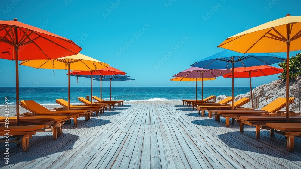 Colorful beach umbrellas & loungers on boardwalk Colorful beach umbrellas & loungers on boardwalk