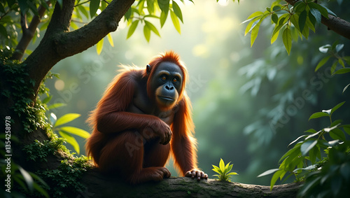 Orangutan and Rainforest Border Frame with Copy Space for World Wildlife Day: Celebrate Habitat Preservation with Stunning Photo Stock Elements photo