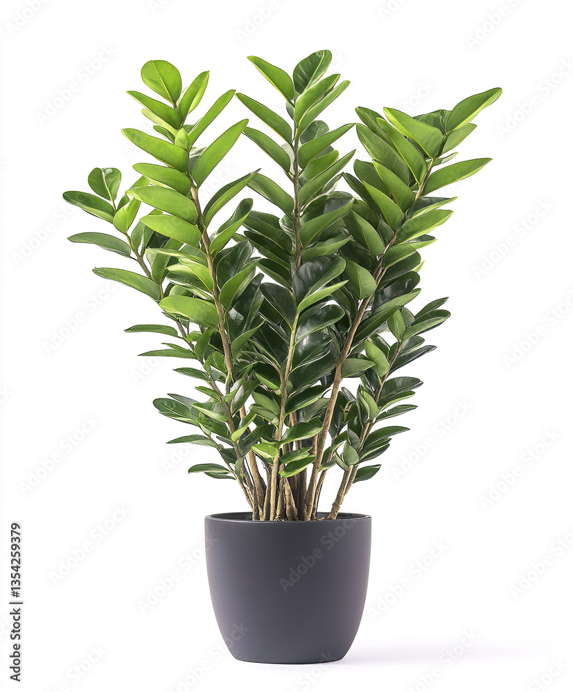 Fototapeta premium Zamioculcas zamiifolia in black pot on white background