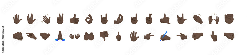 Fototapeta premium All hand emojis, stickers in all skin colors. Hand emoticons vector illustration symbols set, collection. Hands, handshakes, muscle, finger, fist, direction, like, unlike, fingers. Vector 10 eps.