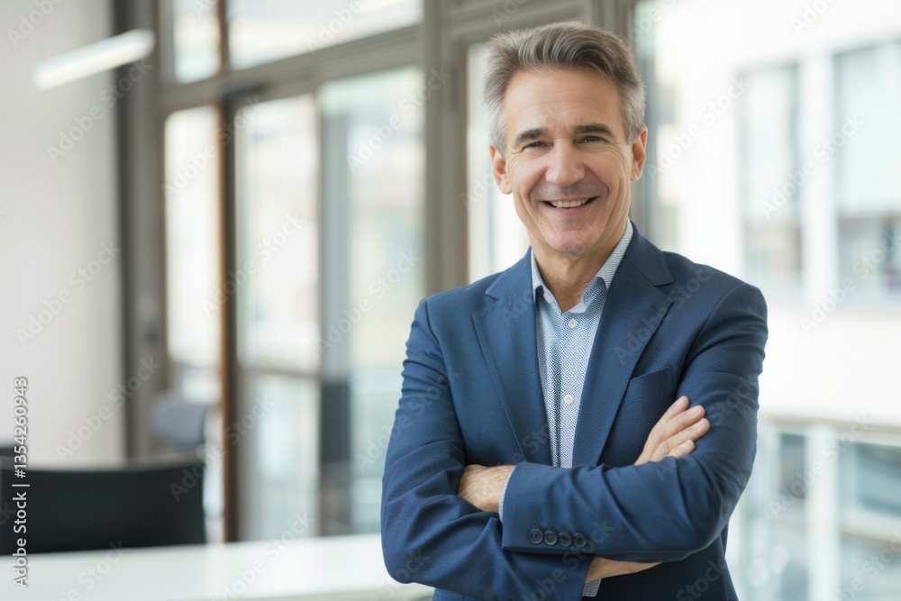 Smiling Mature Businessman with Arms Crossed in Modern Office Setting Smiling Mature Businessman with Arms Crossed in Modern Office Setting