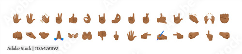 All hand emojis, stickers in all skin colors. Hand emoticons vector illustration symbols set, collection. Hands, handshakes, muscle, finger, fist, direction, like, unlike, fingers. Vector 10 eps.
