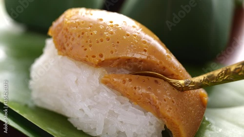 Spoon Slices into Thai Custard over Sticky Rice. A Close-Up of Creamy Perfection. Watch as a golden spoon gently glides through rich Thai custard layered atop glutinous sticky rice.