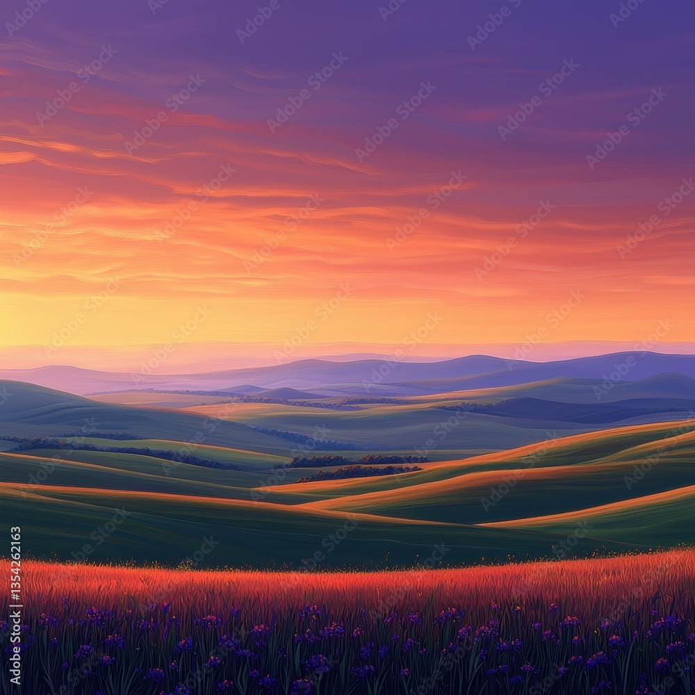 Obraz premium Sunset Over Rolling Hills Landscape