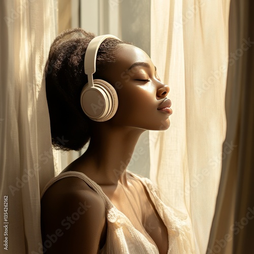 African woman in headphones basking in sunlight near an open window, warm natural light, light beige tones, reflective mood, close-up view, with soft curtains swaying nearby.