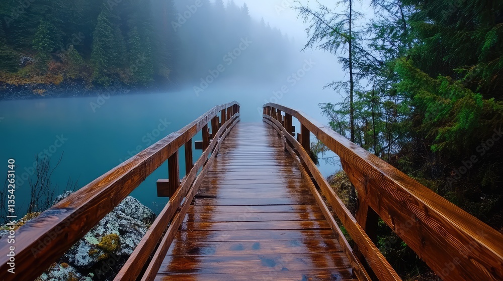 Fototapeta premium Tranquil Wooden Bridge Over Misty Lake Surrounded by Forests in Foggy Atmosphere at Dawn, Evoking Peaceful Nature Scene for Relaxation and Exploration
