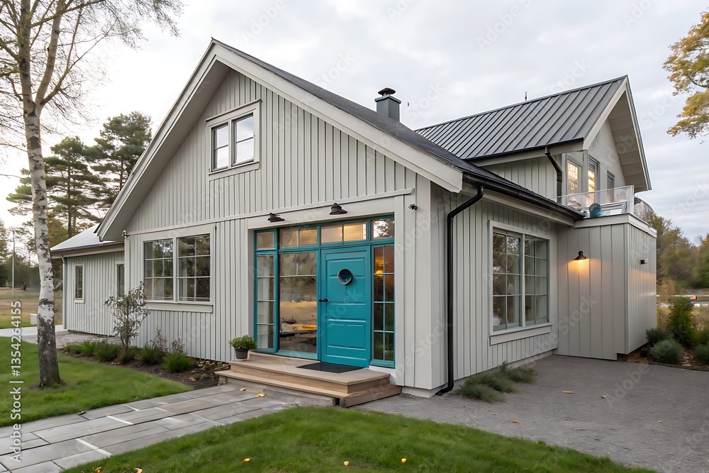 A gray ranch style model Hedges around modern house A gray ranch style model Hedges around modern house