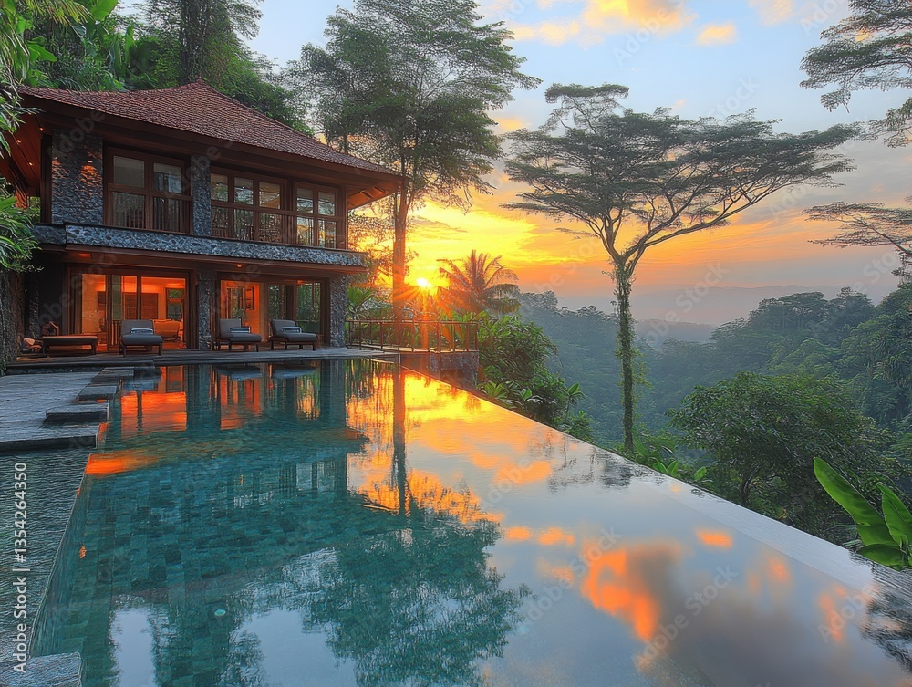 Fototapeta premium Stunning Tropical Villa at Sunset with Pool and Lush Greenery