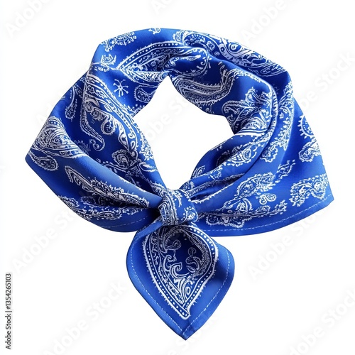 Bandana in flat vector style, triangular fold with tied ends, blue with paisley patterns, clean sharp lines, isolated on a white background, modern and professional design.