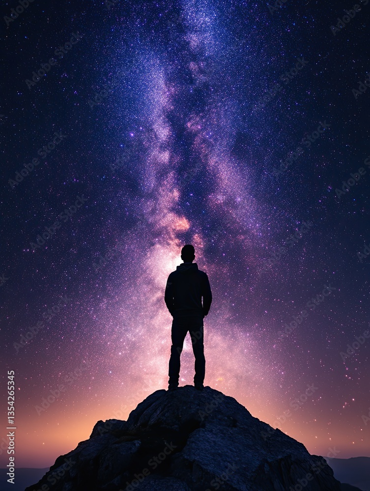 Milky Way arch and man on top of mountain on starry night. Silhouette of lonely guy, pink sky with bright stars in summer Milky Way arch and man on top of mountain on starry night. Silhouette of lonely guy, pink sky with bright stars in summer