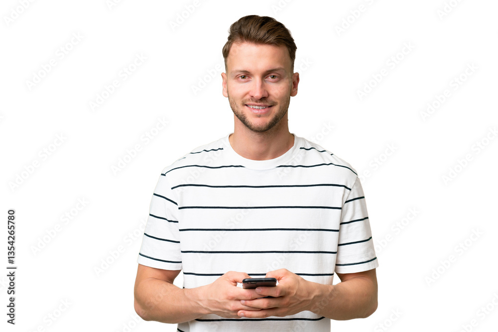 Young blonde caucasian man over isolated background surprised and sending a message Young blonde caucasian man over isolated background surprised and sending a message