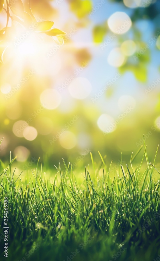 Fototapeta premium Beautiful blurred background of lush green grass and blue sky on a sunny day with copy space