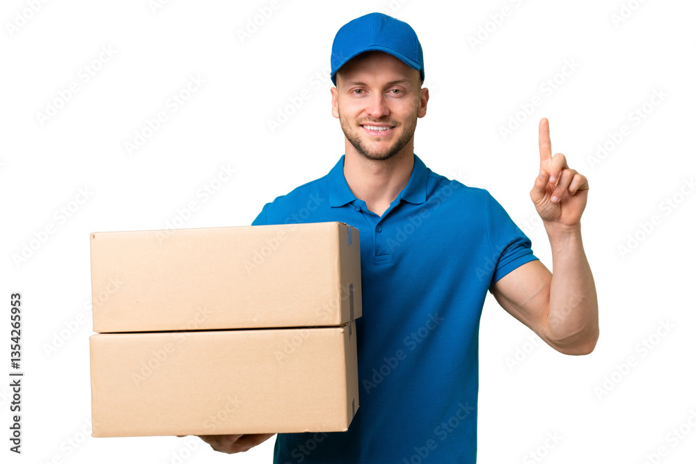 Delivery caucasian man over isolated background showing and lifting a finger in sign of the best Delivery caucasian man over isolated background showing and lifting a finger in sign of the best