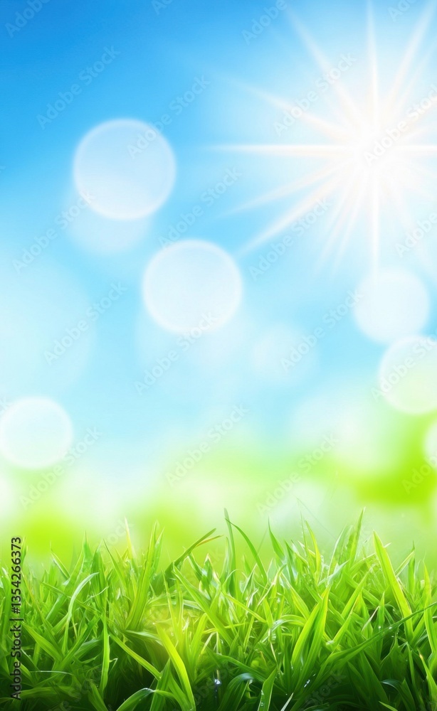 Beautiful blurred background of lush green grass and blue sky on a sunny day with copy space Beautiful blurred background of lush green grass and blue sky on a sunny day with copy space
