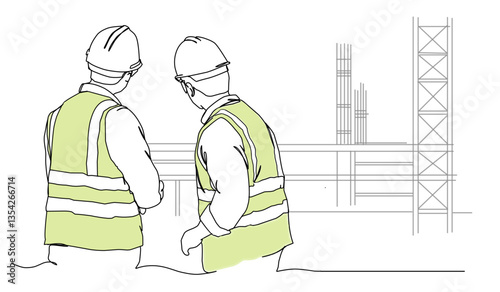 Line Art Drawing of a Construction Architect Working at a Site	