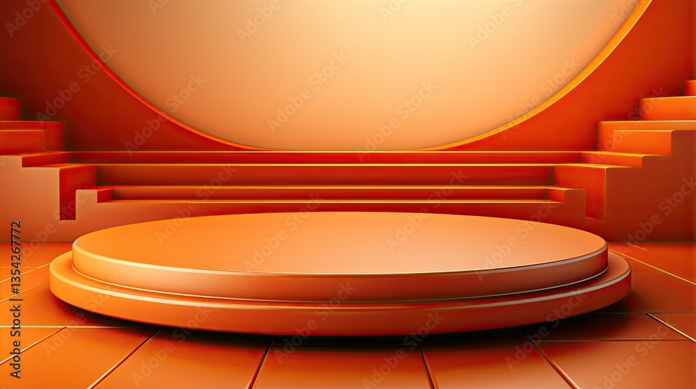 Fototapeta premium Futuristic podium scene with geometric stairs, warm lighting, and bold orange tones. This minimal, modern design blends symmetry, depth, and clean architectural elegance for visual impact.