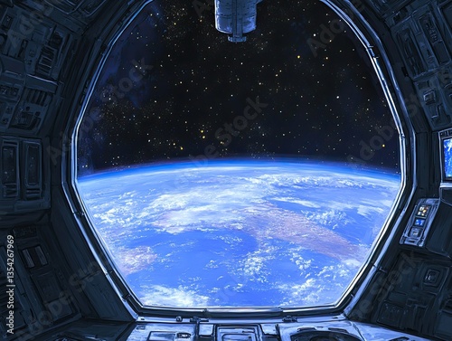 Spaceship flies near amazing night planet Earth, view from window. Travel and tourists in space