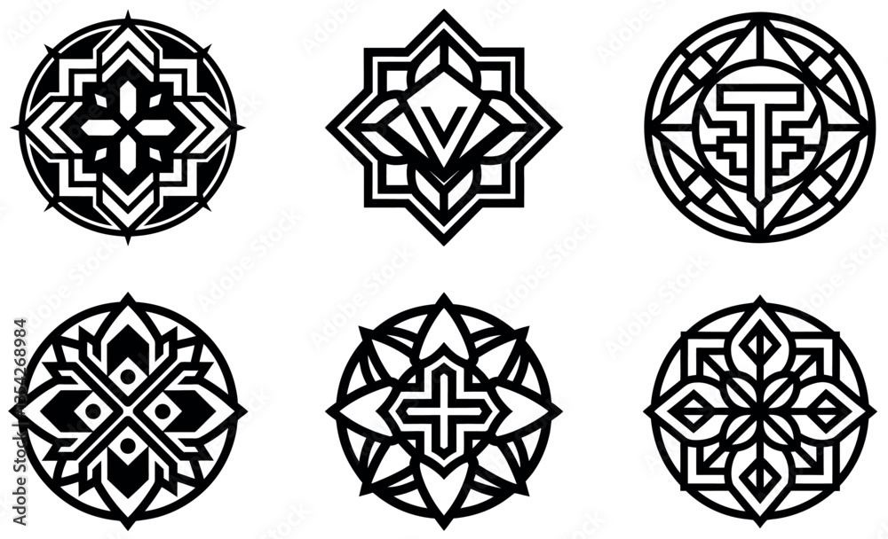 Six intricate black and white decorative circle designs. Six intricate black and white decorative circle designs.