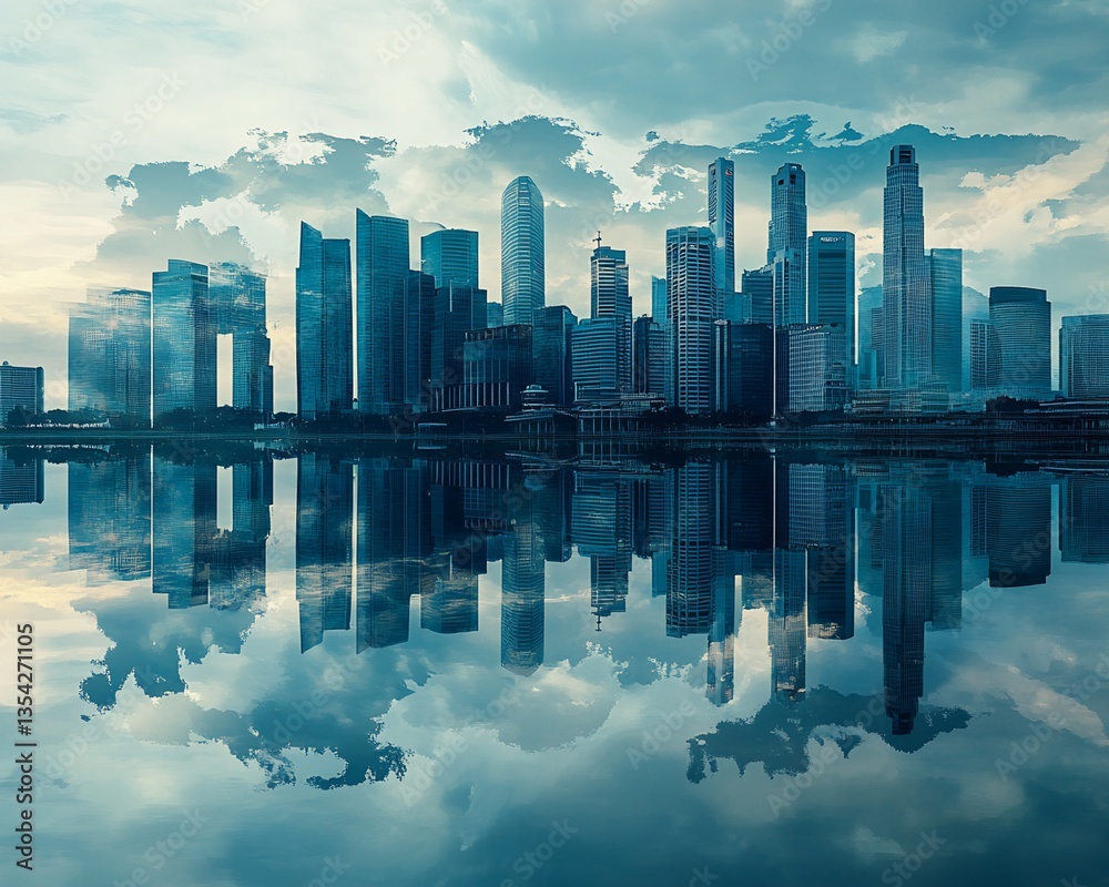 Fototapeta premium Singapore Skyscrapers and Water Reflection