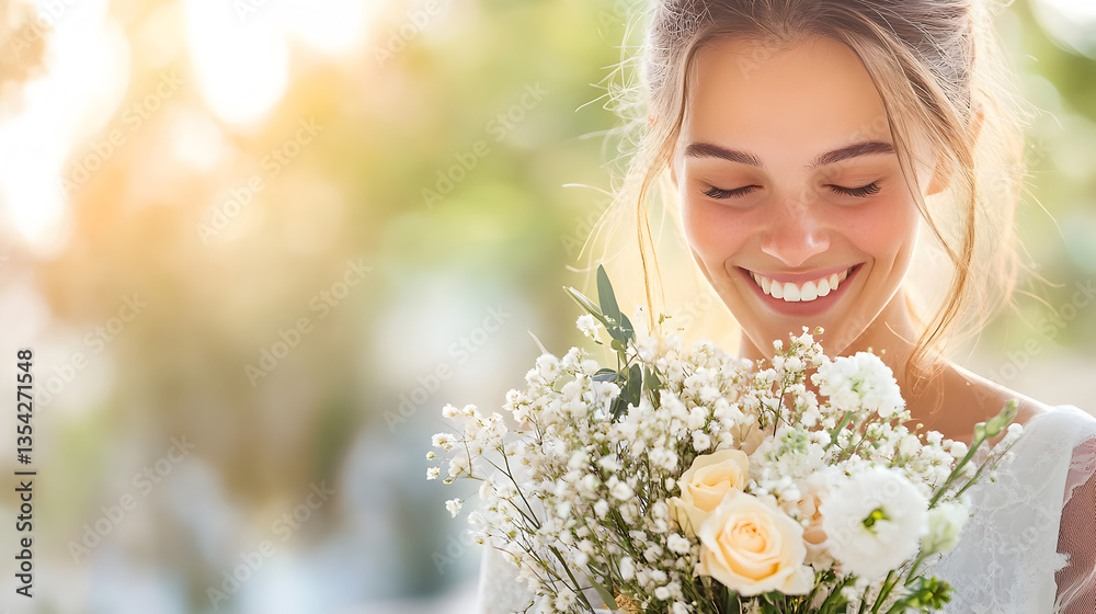 Fototapeta premium Smiling woman holding delicate bouquet with soft light background conveys joy and freshness, perfect for wedding content or natural lifestyle branding. Selective focus