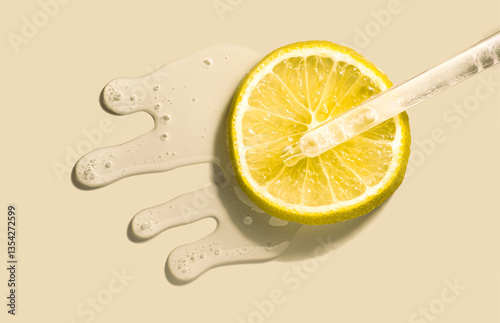 Quadro su tela Aha citric acid or vitamin c cosmetic product with dropper on yellow background