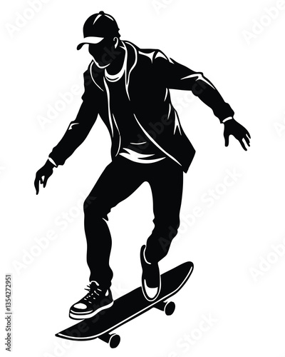 Black silhouette of skateboarder isolated on white background. Skateboard guy. Skateboarding trick ollie. Jump on skateboard