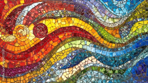 A colorful glass mosaic art piece with a variety of bright shades and intricate details, capturing an eye-catching blend of colors.