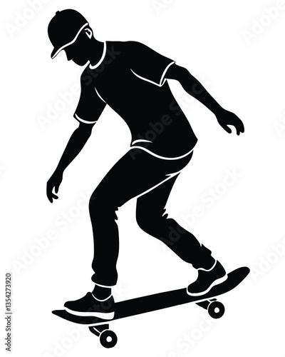 Black silhouette of skateboarder isolated on white background. Skateboard guy. Skateboarding trick ollie. Jump on skateboard