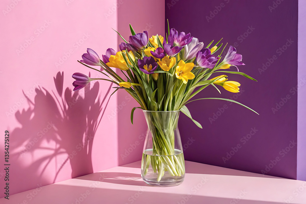 Fototapeta premium a vibrant and lively composition featuring a clear glass vase containing a mix of purple