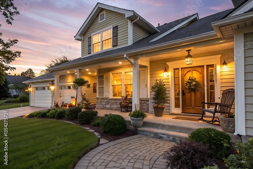 A gray ranch style model Hedges around modern house