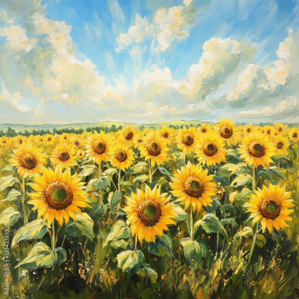 Obraz premium Bright yellow sunflowers in full bloom, standing tall and radiant, with bright petals glowing under natural sunlight in a wide-open field.
