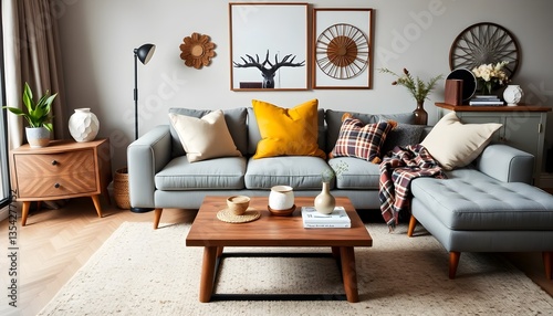 Mid-century modern living room, grey sectional sofa, yellow accent pillow, wooden coffee table, shag rug, sunburst wall decor.