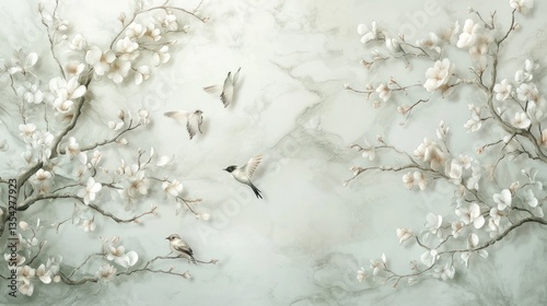 A minimalistic 3D marble mural with soft green tones, accented by birds in branches and delicate floral details. The serene design evokes a peaceful, nature-inspired atmosphere, ideal for modern  