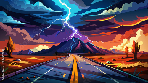 Dramatic photo of a stormy road with rain, lightning, and dark clouds creating a powerful and intense atmosphere.