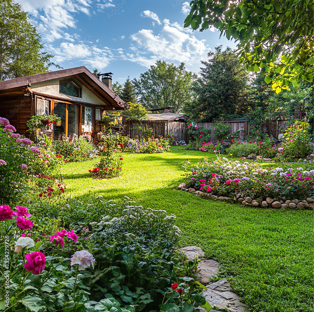 Naklejka premium backyard garden by a home sunny day