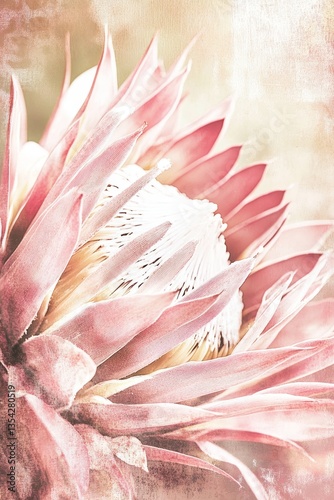 Vintage Close-Up of Pink Protea Flower with Soft Textured Background.