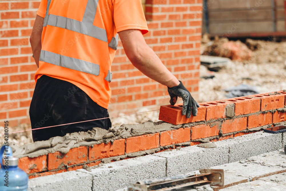 Construction worker laying bricks on building site Construction worker laying bricks on building site