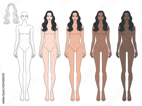 Fashion colored skin tone croquis figurines with long hair woman in vector.