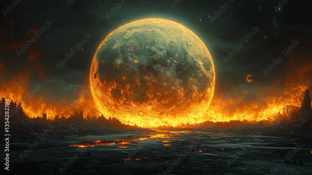 Spectacular depiction of glowing asteroid impact on moon surface with massive canyon formations illustrating dramatic cosmic celestial event, astronomy exploration Spectacular depiction of glowing asteroid impact on moon surface with massive canyon formations illustrating dramatic cosmic celestial event, astronomy exploration