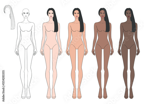 Fashion colored skin tone croquis figurines with straight long hair woman in vector.