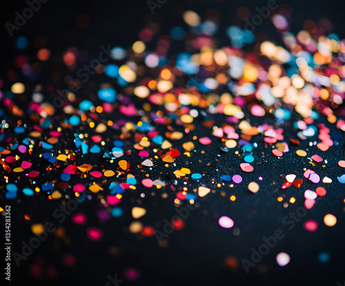 scattering of multicolored sparkles of confetti on a black background. concept background for the holiday