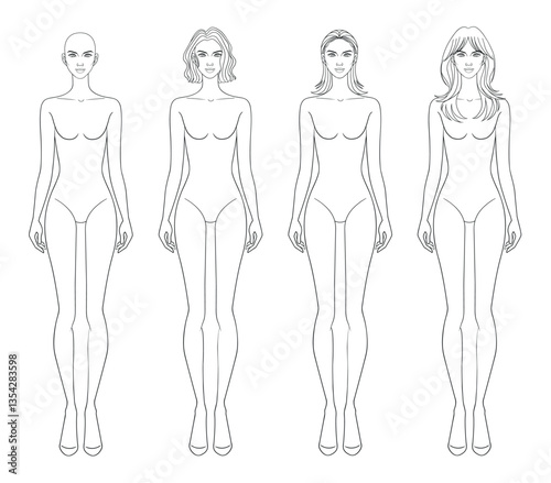 Fashion outline sketch drawing croquis figurines female body with different short and long hairs in vector.