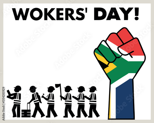 South Africa Workers' Day Banner with Raised Fist and Worker Silhouettes.