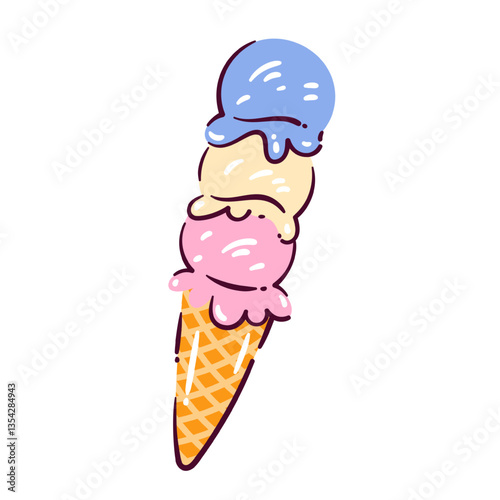 Ice cream cone. Funny waffle cup with three gelato scoops tower of strawberry, vanilla and blueberry flavor. Sweet summer dessert mascot, cartoon cute colorful ice cream vector illustration