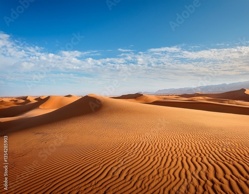 expansive desert landscape with rolling sand dunes under a clear blue sky and soft clouds