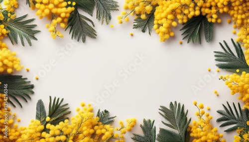 黄色いミモザの花の背景フレーム。AIで生成