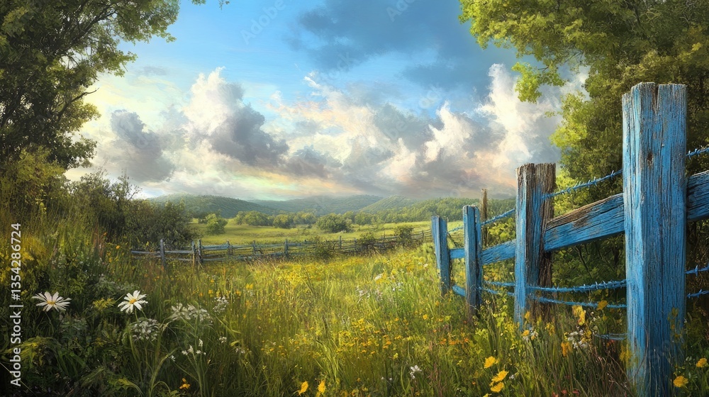 Fototapeta premium A serene countryside scene with blue wire fence posts, weathered by time, standing out against the backdrop of nature's beauty.